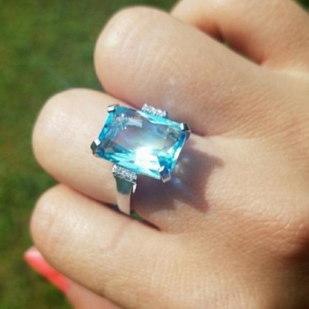 NEW AQUAMARINE DIAMOND 925 STERLING SILVER RING - Picture 1 of 6